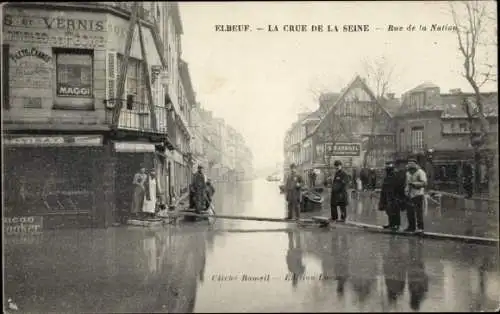 Ak Elbeuf Seine Maritime, La Crue de la Seine, Rue de la Nation