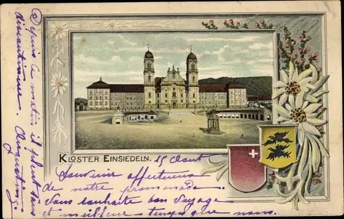 Ak Einsiedeln Kanton Schwyz Schweiz, Kloster, Wappen, zwei Edelweiß