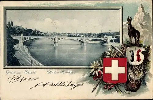Präge Wappen Ak Bâle Basel Stadt Schweiz, Die drei Brücken, Ziegenbock