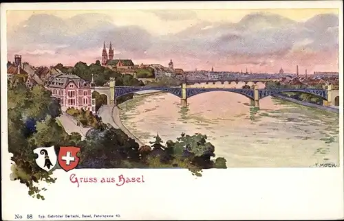 Künstler Ak Mock, F., Bâle Basel Stadt Schweiz, Panorama, zwei Wappen