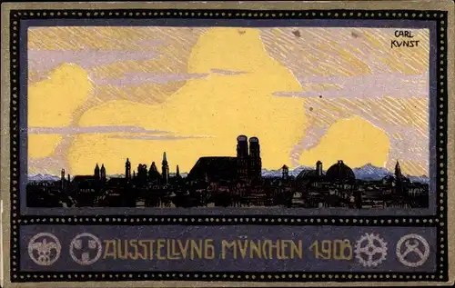 Künstler Ak Kunst, Carl, München Bayern, Panorama der Stadt, Gewerberausstellung 1908