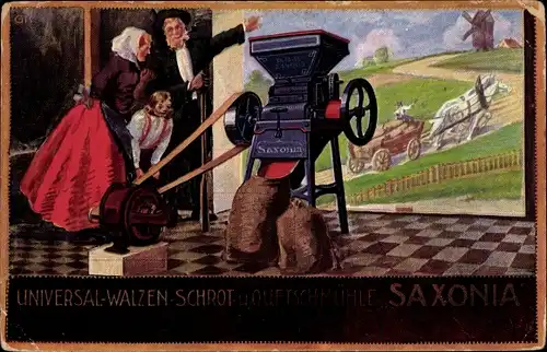 Künstler Ak Reklame Saxonia, Universal Walzen Schrot u. Quetschmühle