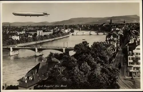 Ak Bâle Basel Stadt Schweiz, Luftschiff LZ 127 Graf Zeppelin über der Stadt