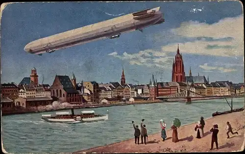 Künstler Ak Zeppelin über der Stadt, Internationale Luftschifffahrts Ausstellung Frankfurt am Main