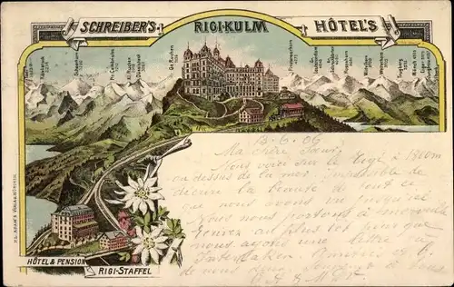 Litho Rigi Kulm Kanton Schwyz, Schreibers Hotels, Pension Rigi Staffel, Alpenpanorama