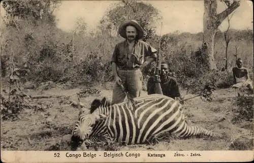 Ganzsachen Ak Belgisch Kongo Zaire, Katanga, Totes Zebra, Jäger, Gewehr