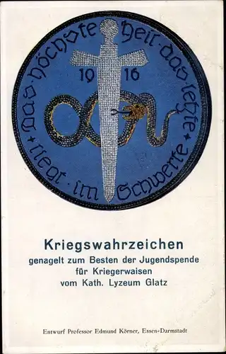 Ak Kłodzko Glatz Schlesien, Nagelung, Kriegswahrzeichen, Kath. Lyzeum, Schwert, Schlange