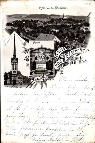 Vorläufer Litho Bad Elster im Vogtland, Trinitatiskirche, Hygiea, Panorama von der Alberthöhe