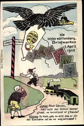 Briefmarken Ak Die letzten württembergischen Briefmarken, 1 April 1902, Deutscher Adler, Dt. Michel