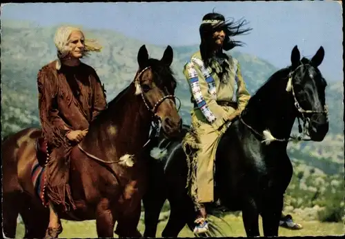 Ak Schauspieler Pierre Brice, Winnetou I. Teil, Indianer, Pferde, Filmszene