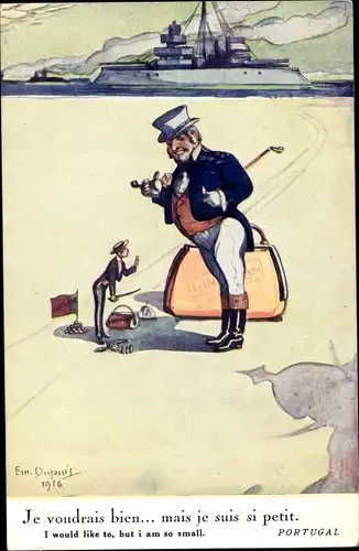 Künstler Ak Dupuis, Emil, Portugal, Monsieur l'Anglais,Schatten von Kaiser Wilhelm II.,Kriegsschiff