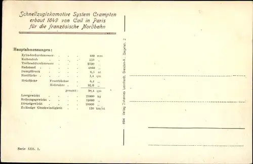 Ak Französische Eisenbahn, Crampton Lokomotive der französischen Nordbahn 122-133