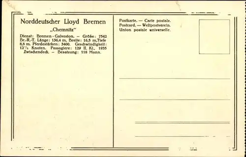 Ak Passagier und Frachtdampfer Chemnitz, Norddeutscher Lloyd Bremen, Dampfschiff