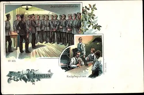 Litho Gruß aus der Garnison, Instruktionsstunde, Knöpfeputzen