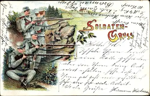 Litho Soldatengruß, KuK Soldaten mit Gewehren