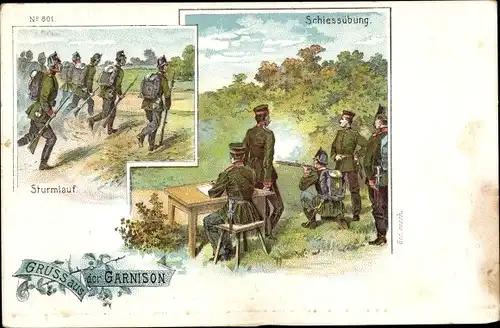 Litho Gruß aus der Garnison, Sturmlauf, Schießübung, Deutsche Soldaten in Uniformen