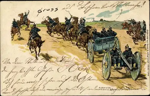 Künstler Litho Salach, O., Gruß aus dem Manöver, Kaiserreich, Auffahrende Artillerie