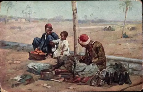 Künstler Ak Egypte, Wüste, Schuhputzer mit zwei Kindern, Orangenverkäufer