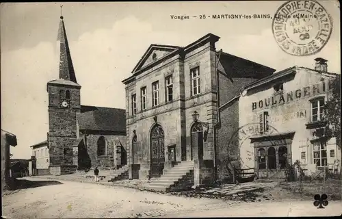 Ak Martigny les Bains Lothringen Vosges, Kirche, Boulangerie, Außenansicht