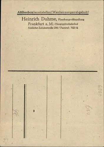 Künstler Ak Frankfurt am Main, Heinrich Duhme Flaschengroßhandlung, Südl. Zufuhrstraße 206,