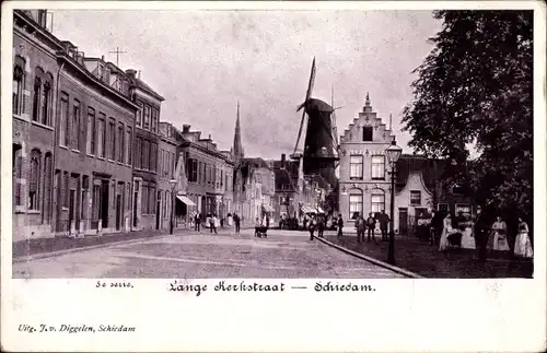 Ak Schiedam Südholland Niederlande, Lange Kerkstraat, Windmühle