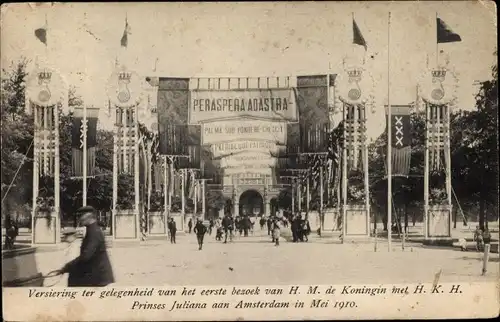 Ak Amsterdam Nordholland, Versiering ter gelegenheid van het eerste bezoek van Koningin