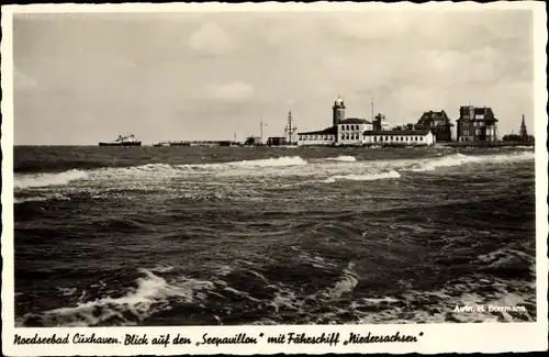 Ak Cuxhaven, Blick aif den Seepavillon mit Fährschiff Niedersachsen