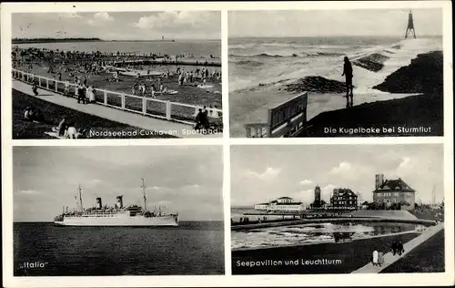 Ak Nordseebad Cuxhaven, Sportbad, Kugelbake bei Sturm, Seepavillon, Leuchtturm, Schiff MS Italia