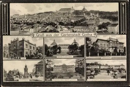 Ak Gotha in Thüringen, Gesamtansicht, Loge, Schloss Friedenstein, Lebensbank, Museum, Orangengarten