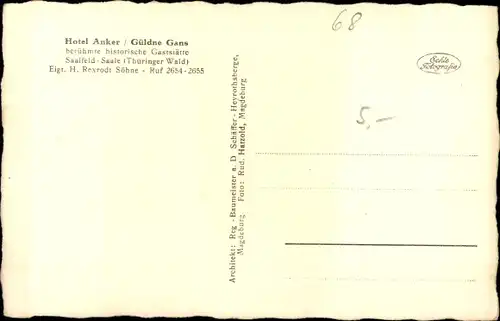 Ak Saalfeld an der Saale, Hotel Anker, Güldne Gans, Churfürstenkeller, mittelalterl. Zünfte