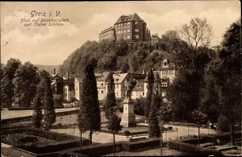 Ak Greiz in Thüringen, Denkmalsplatz und Oberes Schloss