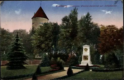 Ak Freiberg in Sachsen, Clemens-Winkler-Denkmal am Schlossplatz