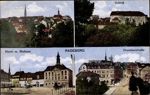 Ak Radeberg im Kreis Bautzen Sachsen, Gesamtansicht, Schloss, Markt, Rathaus, Bahnhofstraße