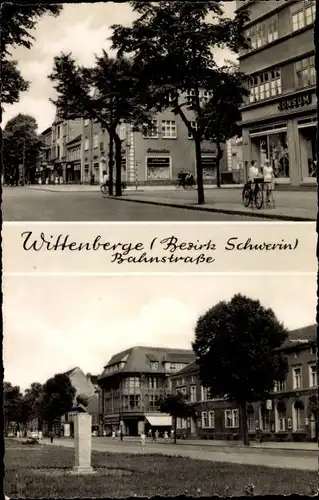 Ak Wittenberge an der Elbe Prignitz, Bahnstraße, Geschäfte, Denkmal