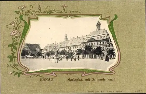 Passepartout Ak Hanau am Main, Marktplatz mit Grimmdenkmal