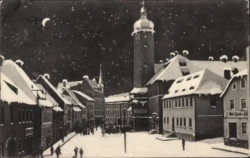 Ak Weida in Thüringen, Marktplatz im Winter am Abend