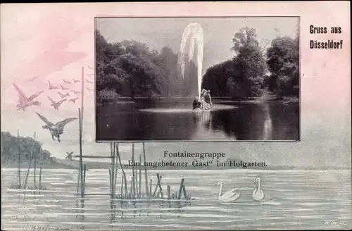 Künstler Ak Düsseldorf am Rhein, Fontainegruppe, Ein ungebetener Gast im Hofgarten