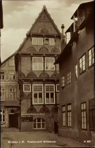 Ak Minden in Ostwestfalen Lippe, Restaurant Wittekind, Inh. Wilhelm Stellhorn, Hausfassade, Giebel