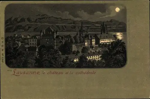 Mondschein Litho Lausanne Kanton Waadt, Teilansicht, Le Chateau et la Cathedrale