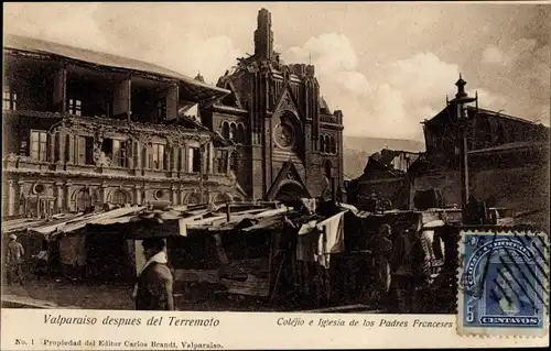 Ak Valparaíso Chile, Coléjio e Iglesia de los Padres Franceses, zerstörte Kirche