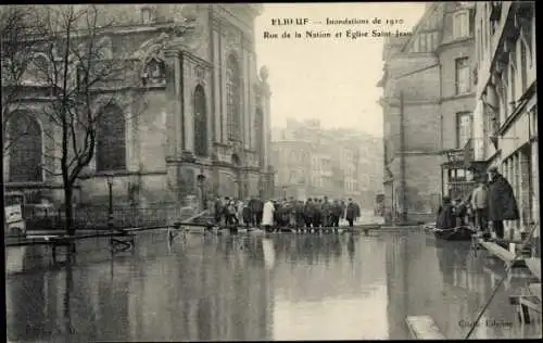 Ak Elbeuf Seine Maritime, Inondations de 1910, Rue de la Nation et Eglise Saint-Jean
