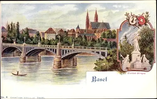 Litho Bâle Basel Stadt Schweiz, Brücke, St. Jakob-Denkmal, Wappen