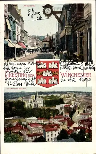 Ak Winchester South East England, Uhr, Straßenpartie, Panorama, Wappen