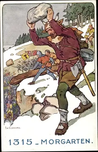 Künstler Ak Elzingre, Edouard, Morgarten Oberägeri Kt. Zug Schweiz, Schlacht 1315, Soldat