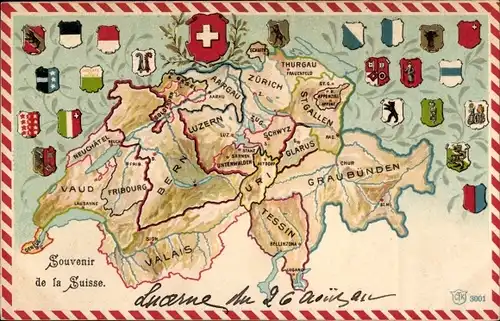 Präge Landkarten Litho Gruß aus der Schweiz, Kantone, Wappen