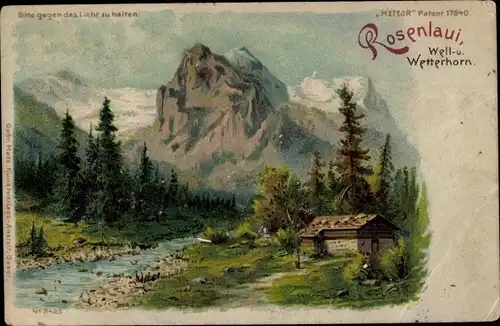 Halt gegen das Licht Litho Rosenlaui Schattenalb Kanton Bern, Wellhorn, Wetterhorn, Meteor