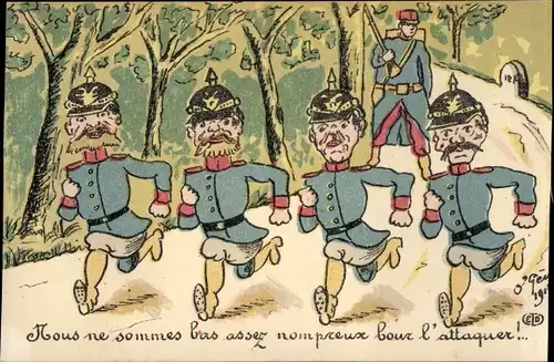 Künstler Ak Deutsche Heerführer fliehen vor französischem Soldaten, Karikatur I. WK