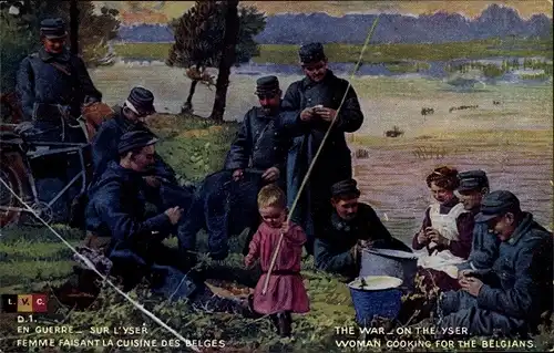 Künstler Ak War on the Yser, Woman cooking for the Belgians