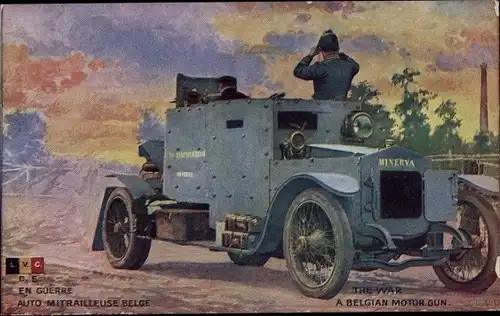 Künstler Ak En Guerre, Auto Mitrailleuse Belge, Belgian Motor Gun, Minerva