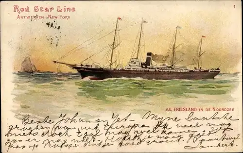 Künstler Litho Red Star Line, Antwerpen New York, SS Friesland in de Noordzee